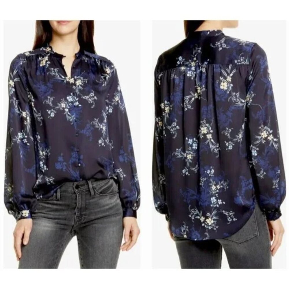 Equipment Femme Cornelia Eclipse Navy Floral Print Blouse Satin Size XS